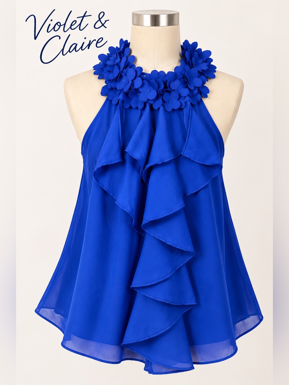 Violet & Claire Ruffle Front Floral Appliqué Blouse Blue S